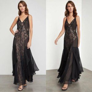 BCBGMaxAzria Black Lace, Sheer Gown with Sequin embellishments, Size 12